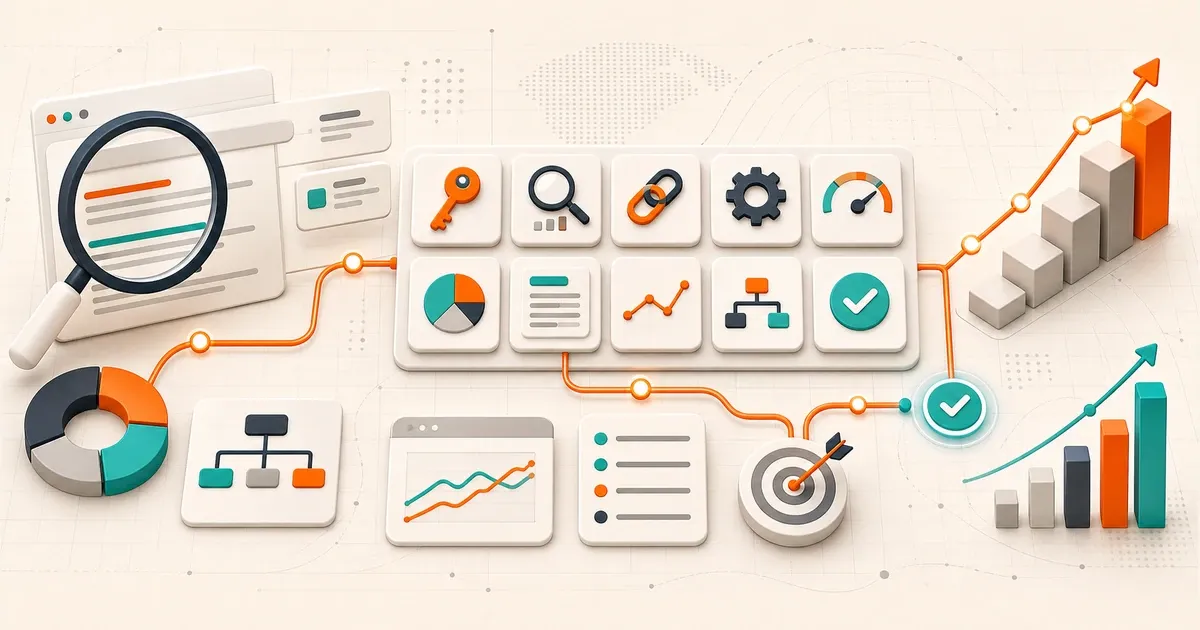 SEO tools dashboard showing Search Console, Core Web Vitals, crawler, schema, GA4, logs, and traffic QA checks