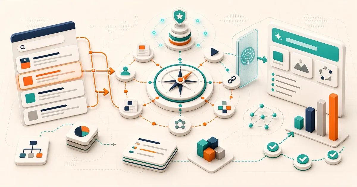 Bright editorial diagram connecting search results, AI systems, content architecture and performance measurement