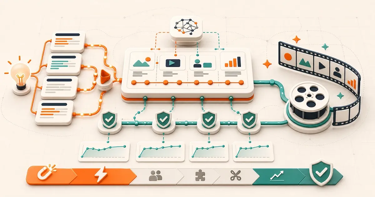 Seven-block AI video scripting workflow from audience promise to retention review